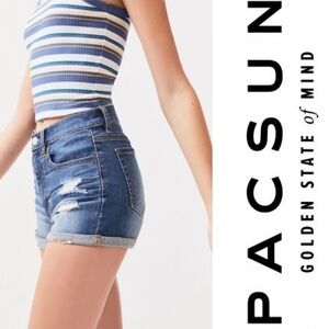 PACSUN High Rise Super Stretch Shortie Distressed Dark Wash Jean Shorts Size 25